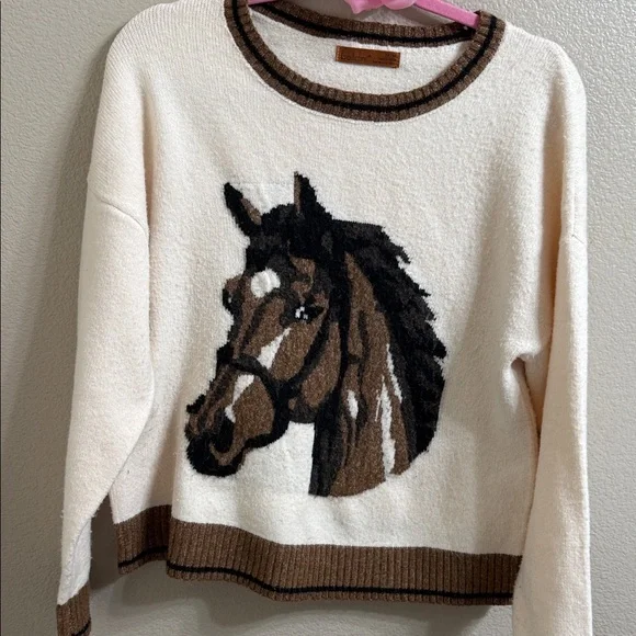 Belldini Cream and Brown Horse Design Sweater - Picture 2 of 6